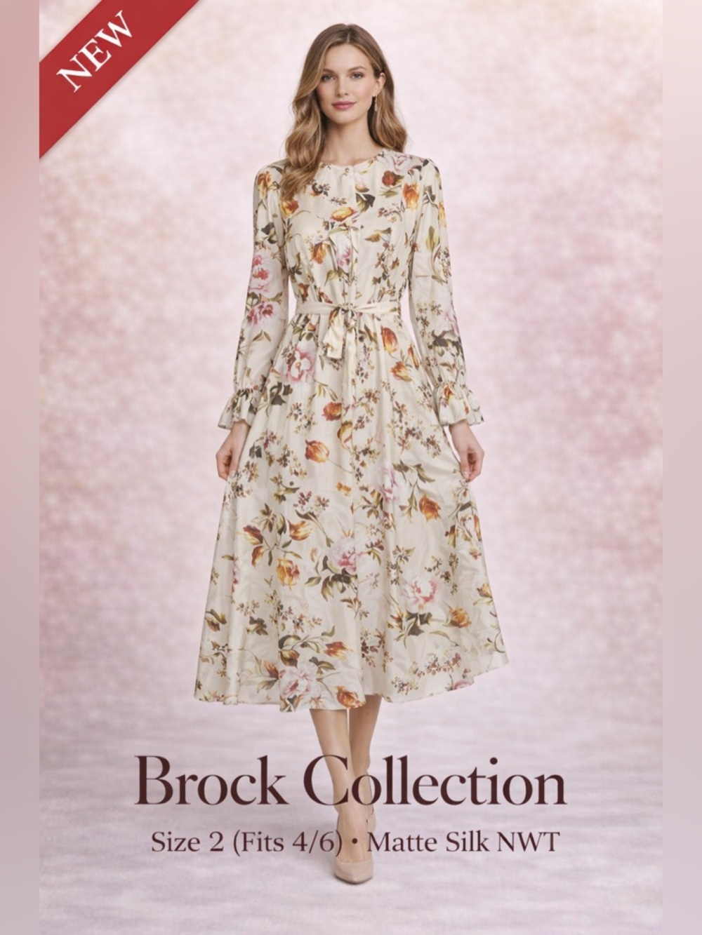 Brock Collection women size  2 fits 4/6 NEW Matte Silk Floral Ruffle Dress Italy